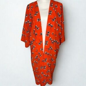 Bobeau Kimono Floral Orange Black Women Size Medium